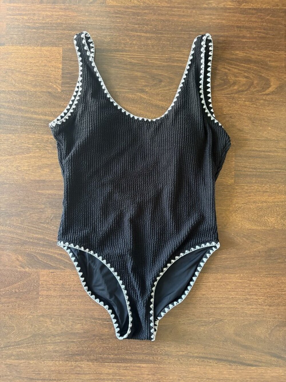 Betsey Johnson One Piece Swimsuit Size M Black Textured White Crochet Trim